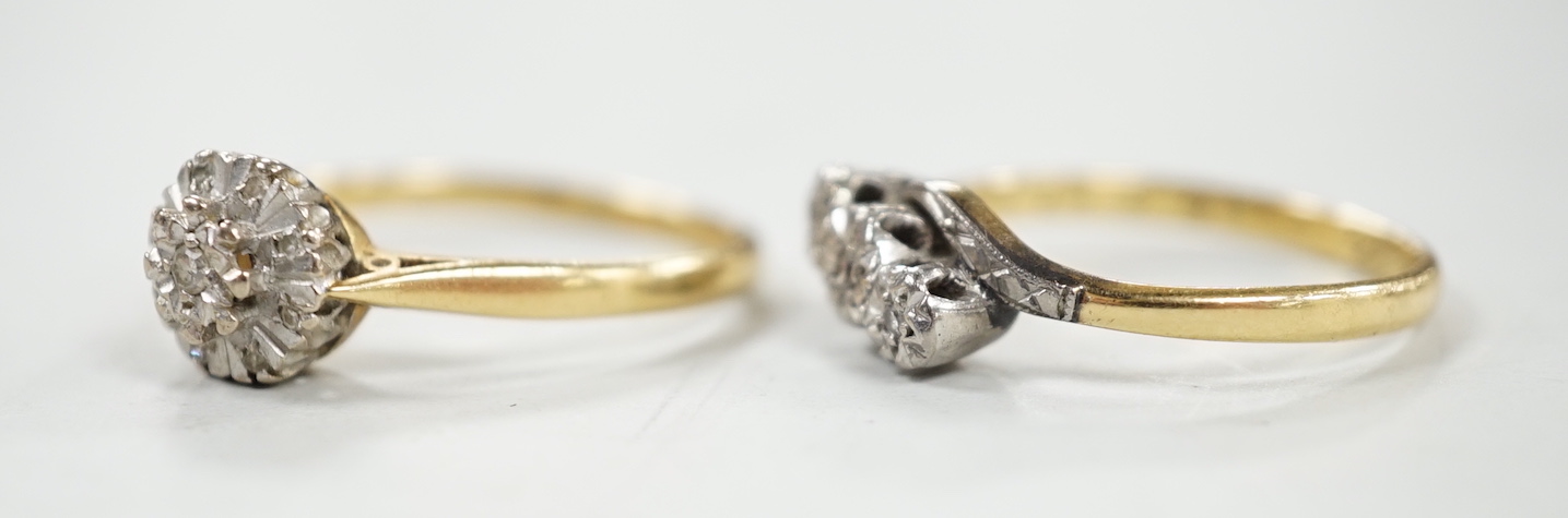 Two 18ct and diamond chip set rings including three stone crossover, size M, gross weight 5.4 grams.